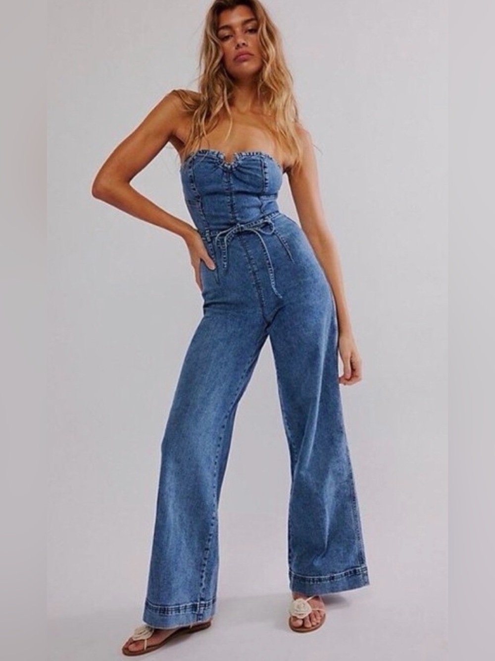 NEW! Free People CRVY Femme Fatale One Piece Strapless Denim Jumpsuit Size 4